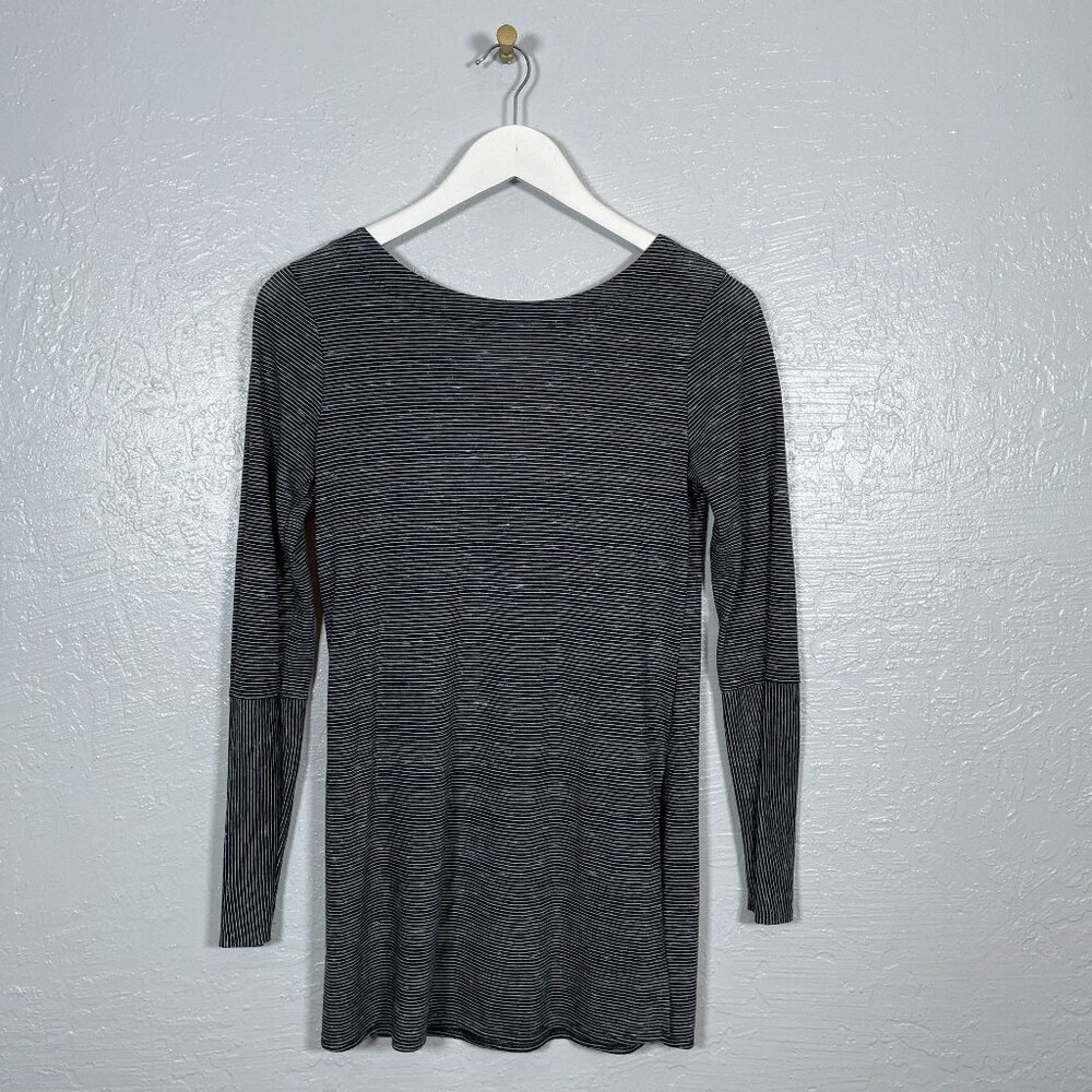 Prana Women XS Black White Stripe Shirt Crisscross Long Sleeve Side Slits Tunic